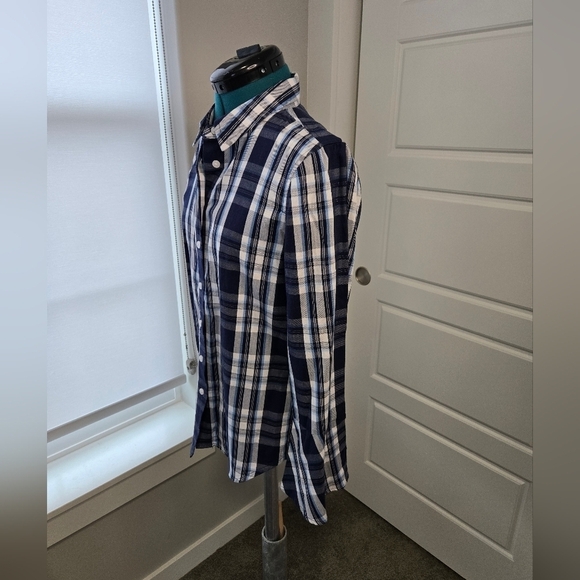 DRAPER JAMES BLUE PLAID BELL SLEEVE BLOUSE BUTTON UP SHIRT TOP WOMEN SIZE 4 - Picture 4 of 12